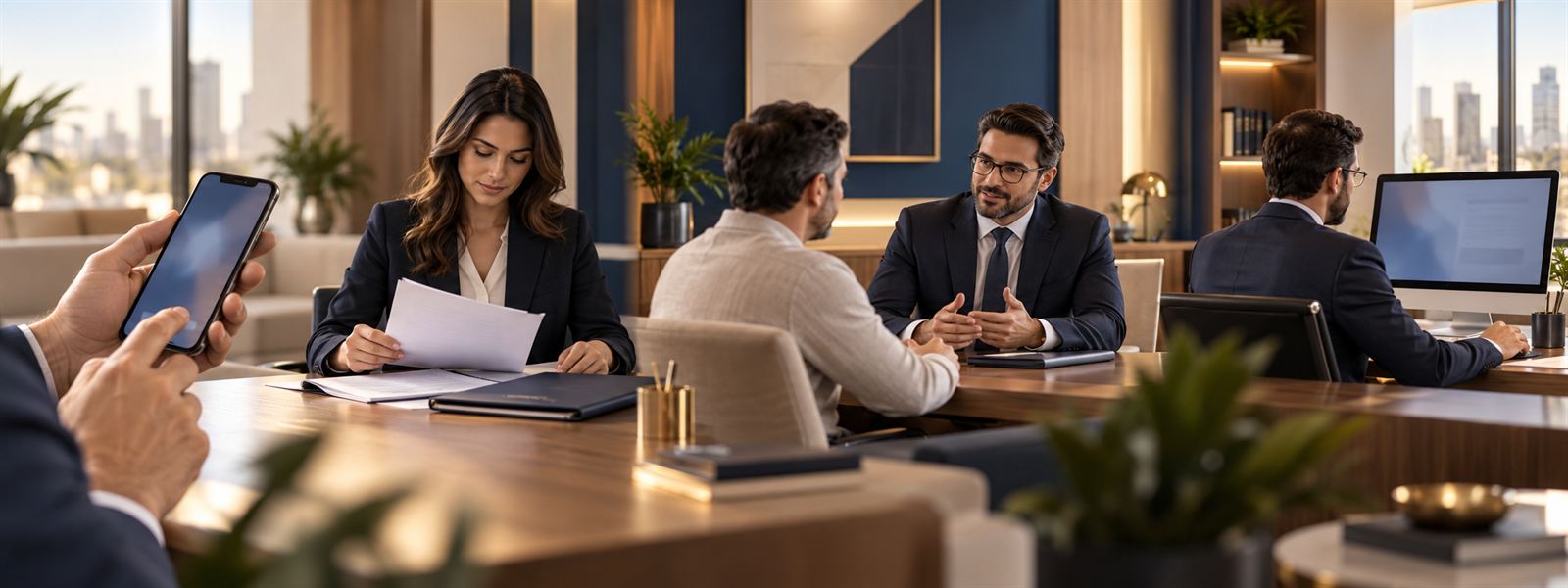 Mesa de reunião do escritório com documentos, durante atendimento a um cliente