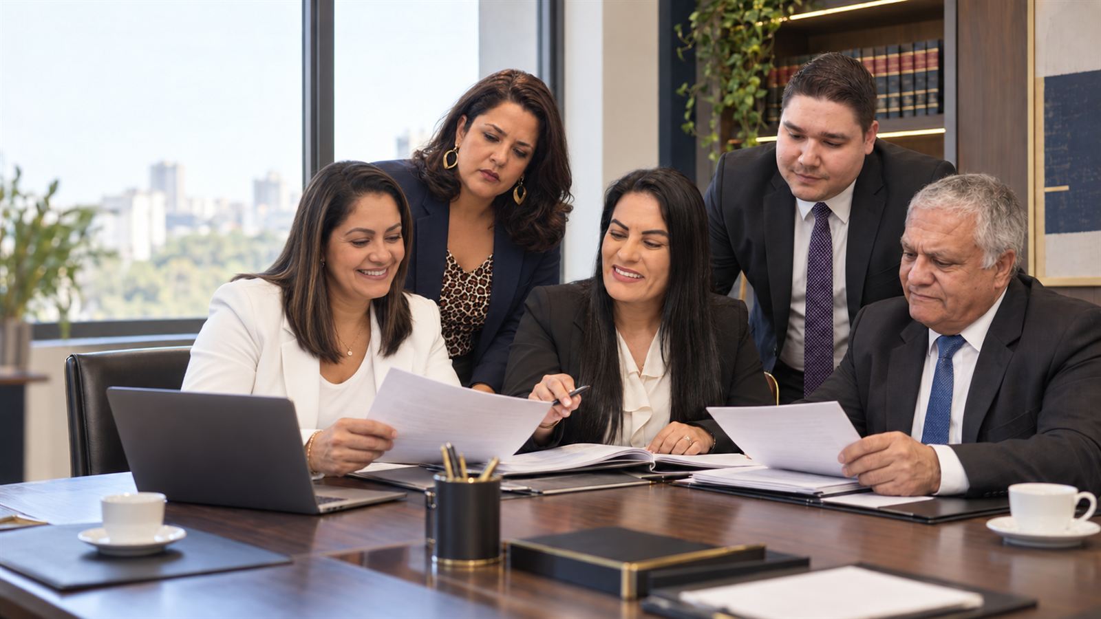 Equipe da Emídio & Fernandes Advocacia em reunião de trabalho, analisando documentos